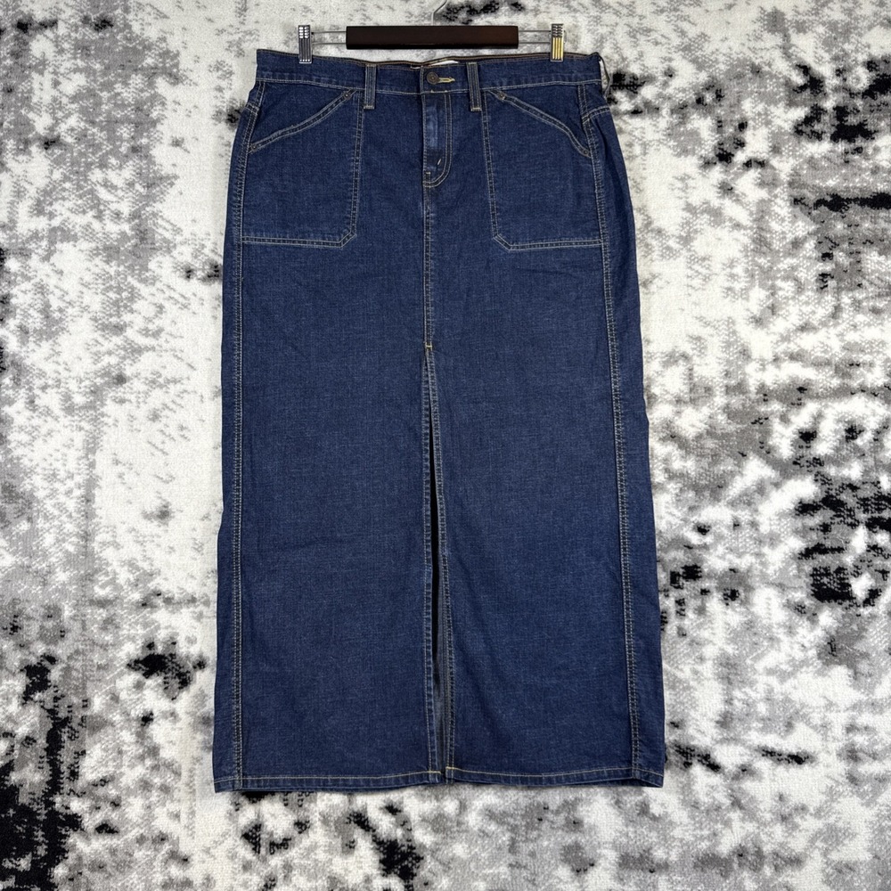 Levi Strauss Denim Maxi Skirt Womens Size‎ 14 Dark Wash Split Hem Y2k Western